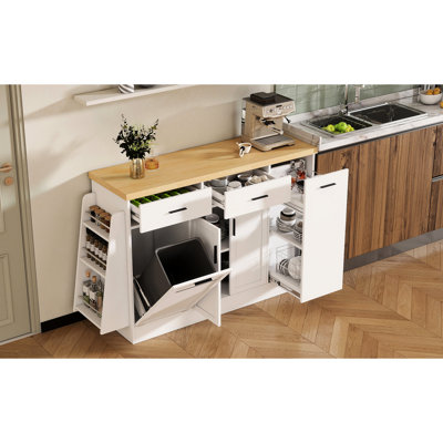 Buffet blanc multifonctionnel avec étagère à épices à 3 niveaux, rangement pour poubelle cachée et armoire à porte coulissante. Pour l'armoire d'organisation de salle à manger de cuisine, conception à deux tons. Armoire à tiroirs double