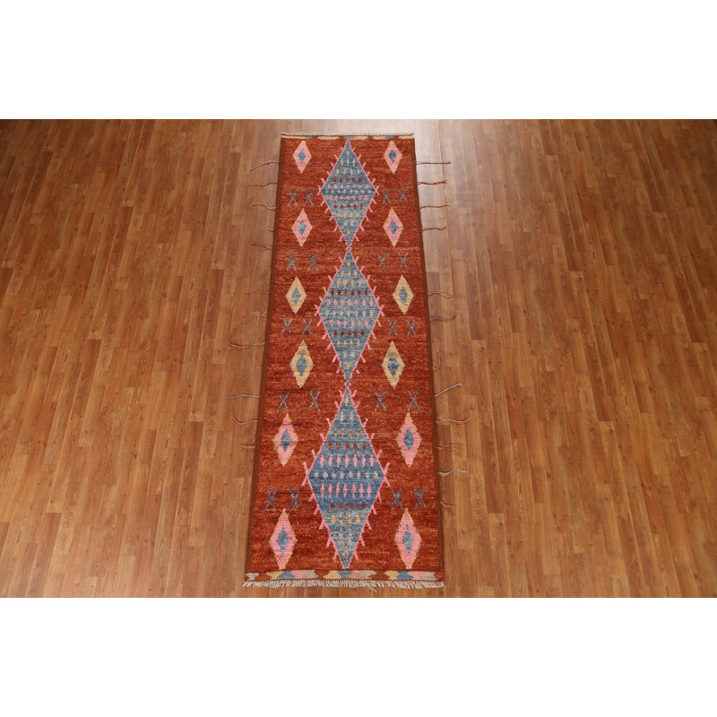 Tapis de couloir orange orange noué à la main 3 x 10