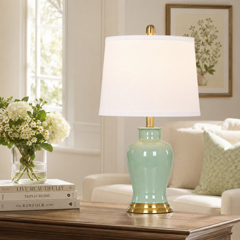 Lampe de table en pot 23 po en céramique avec abat-jour en tissu blanc et ampoule à DEL 23 po, Vert/doré