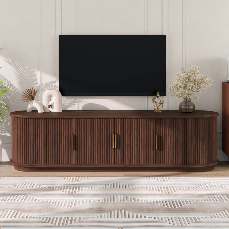 Meuble télé Farmhouse en bois avec porte tambour coulissante, console média cannelée avec rangement réglable, Noyer