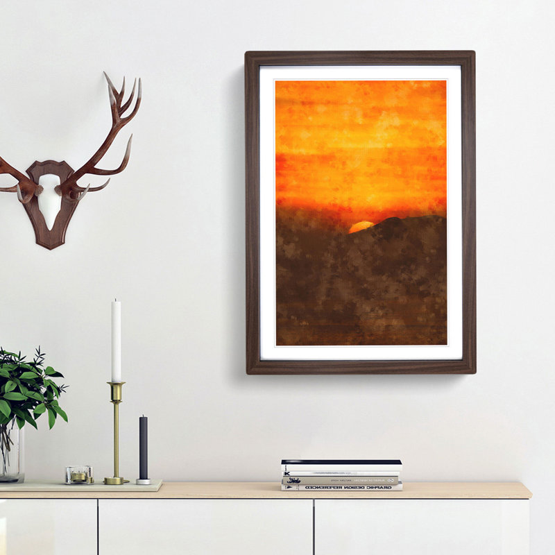 Orange Sunset Abstract - Picture Frame Painting Print, 45cm H x 33cm W x 2cm D, Walnut Framed