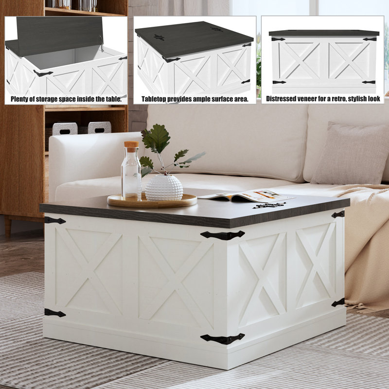 White Farmhouse Coffee Table with Hidden Storage and Hinged Lift Top