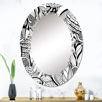 Fleurs abstraites en noir et blanc - Miroir mural moderne ovale