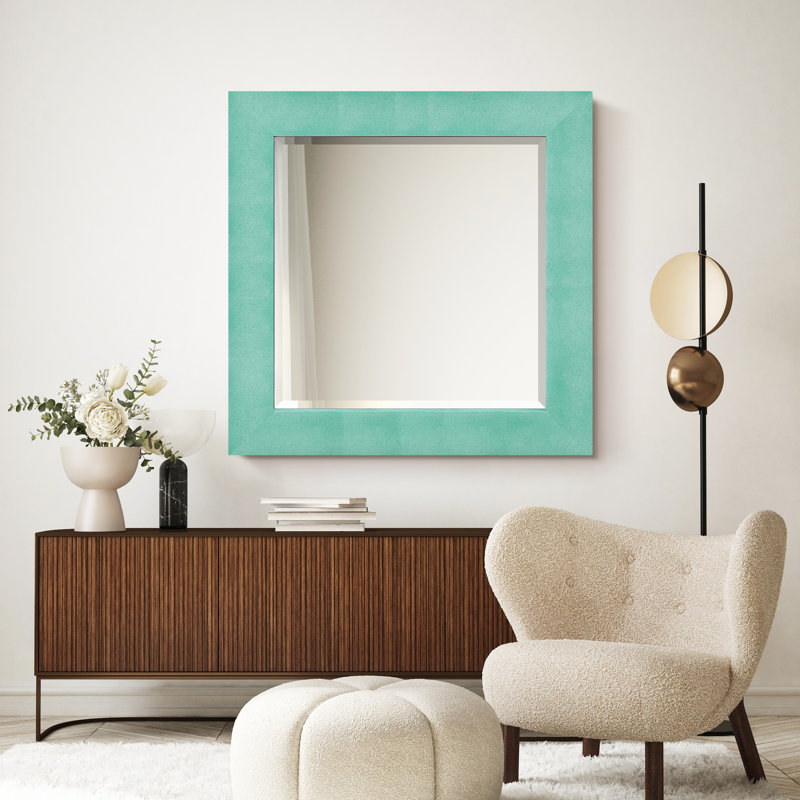Teal Metallic Shagreen Leather Framed Beveled Mirror, Teal