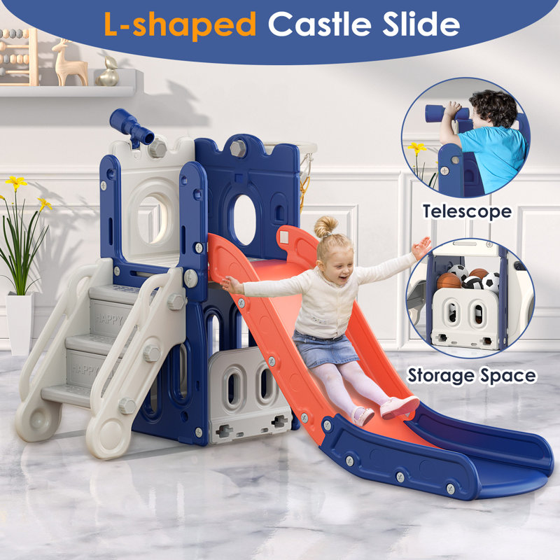 L-Shaped Blue and Orange Toddler Slide with Basketball Hoop