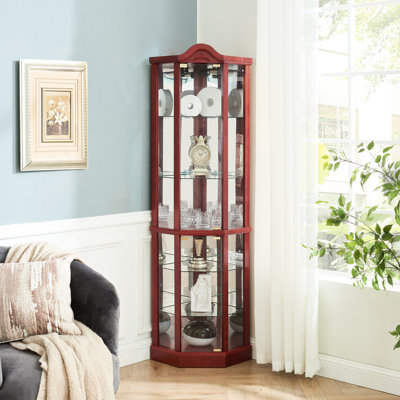 Armoire éclairée en verre pour vitrine, style cerise, tablettes réglables, coin orné de sculptures ornées avec tablettes de rangement