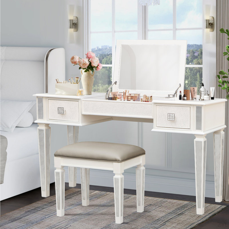 Mirrored Vanities Desk With Drawers, Bedroom Makeup Vanity Table Set With Mirror And Stool, Flip Up Dressing Table For Bedroom/Makeup Room, Working Desk For Women, Girl Furniture Combo