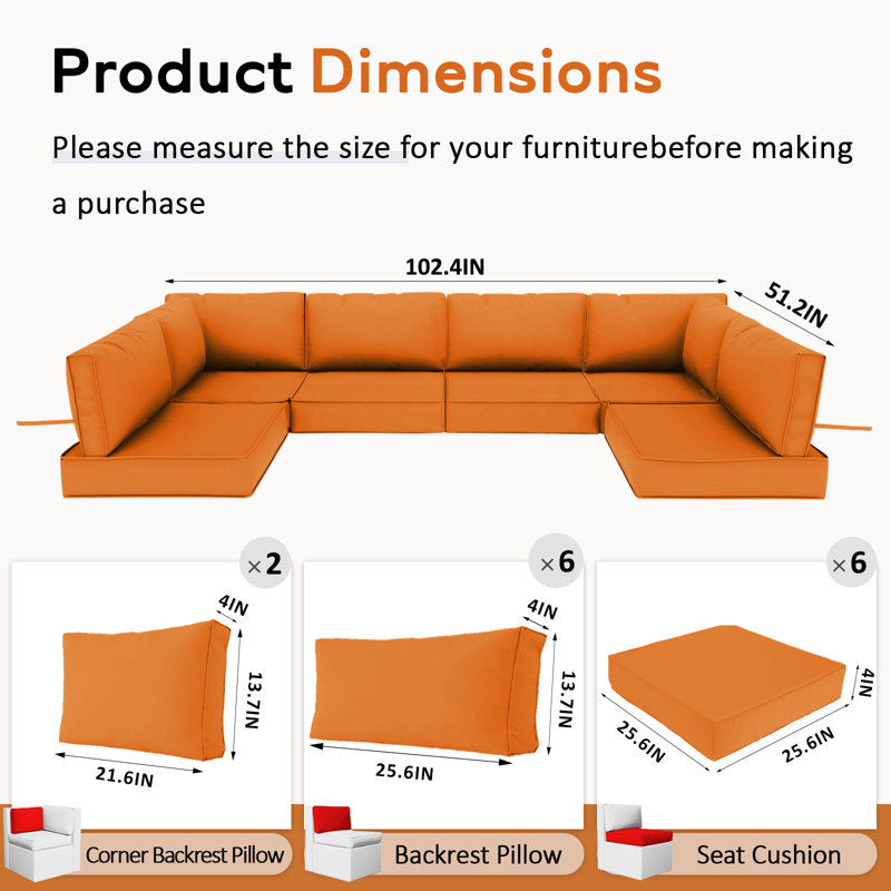 14-Piece Outdoor Sectional Cushions, Waterproof Seat/Back Cushion For Patio Furniture, 4" Thick Replacement Set, Orange