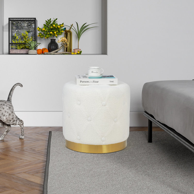 Tabouret de pieds rond en velours capitonné, Fausse fourrure blanche