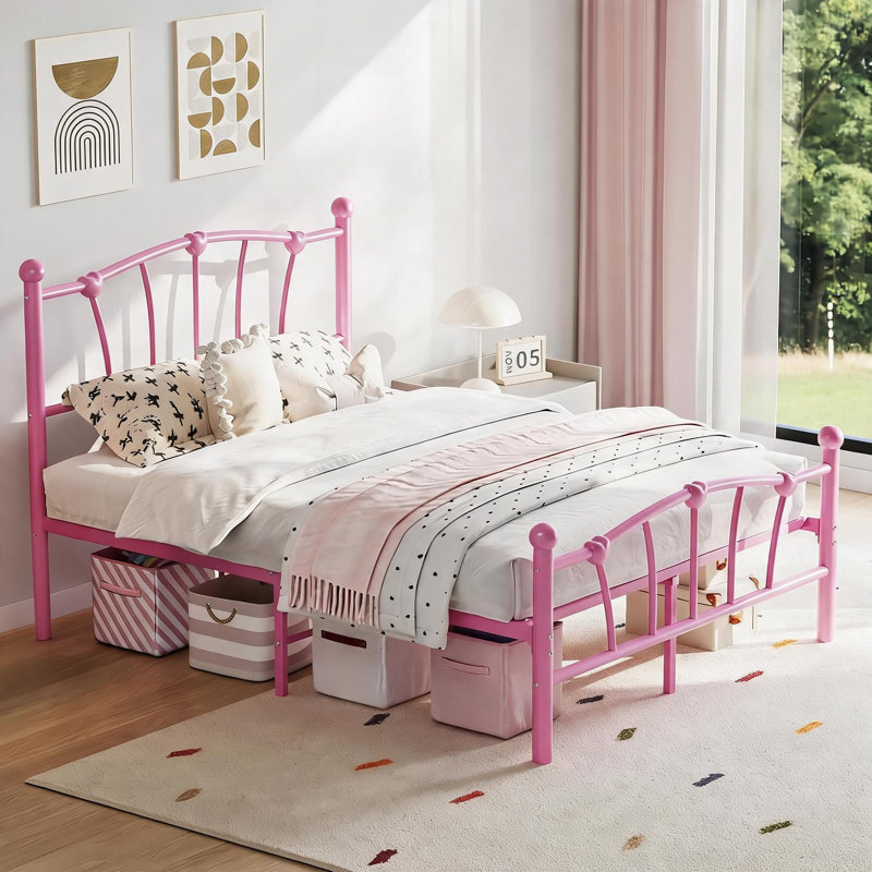 Cadre de lit plateforme en métal King, cadre en fer extra-plat de 15 cm, blanc, Double, Rose