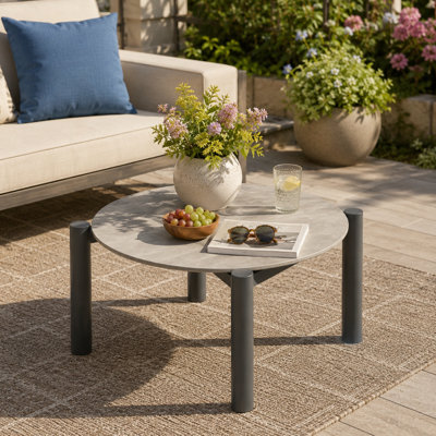 Round Aluminum Outdoor Coffee Table with Faux‑Marble Glass Tabletop, Grey