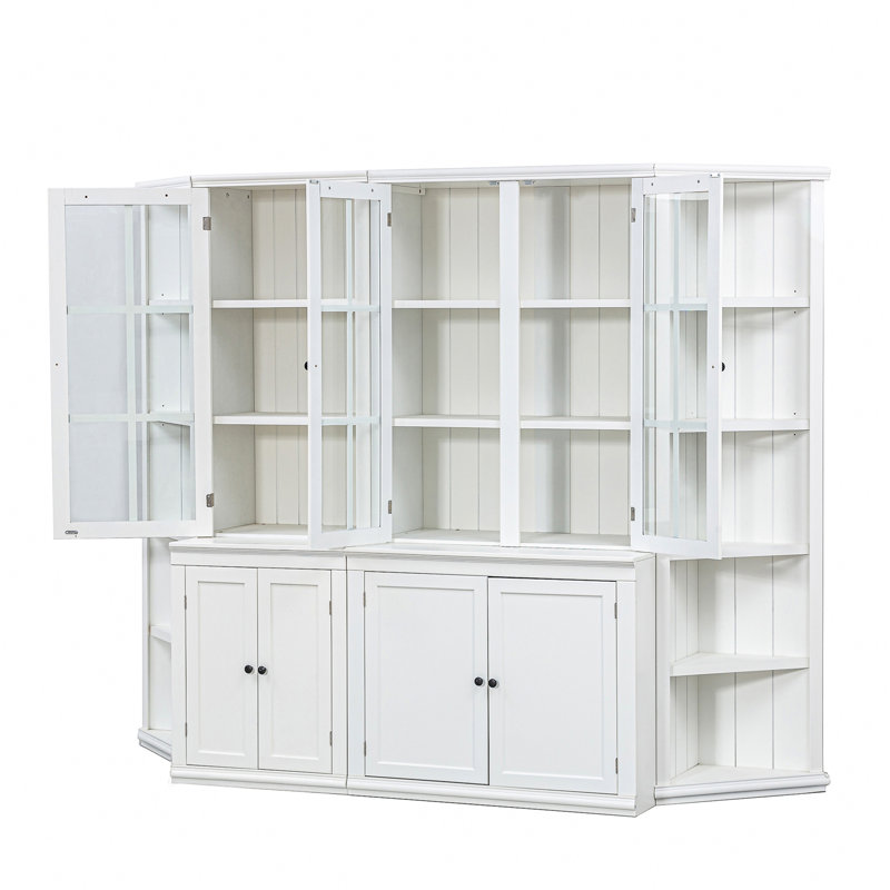 Armoires de présentation de 75,25 po de hauteur et deux tablettes triangulaires à côtés, combinaison murale de style rétro de 92,9 po de largeur avec portes en verre, pour les couloirs, le salon, le bureau, le studio ou l'espace de travail - blanc