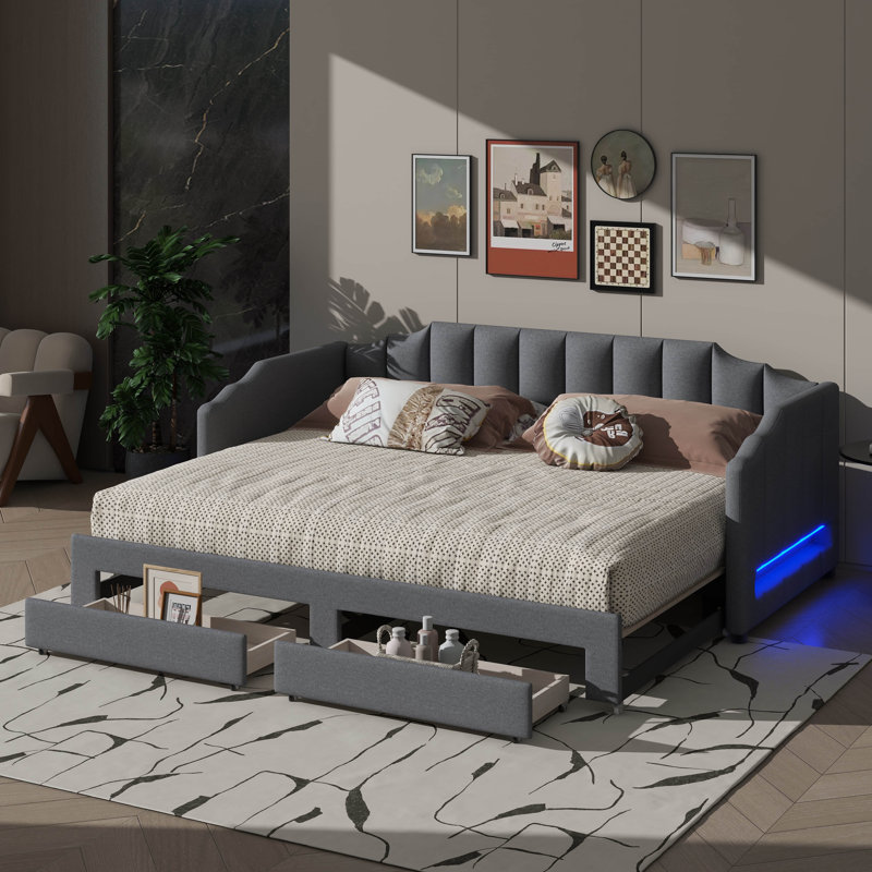 Twin XL Size Daybed With Built-In Compartment & Roll-Out Trundle, Upholstered Daybed With LED Lighting System, Gray