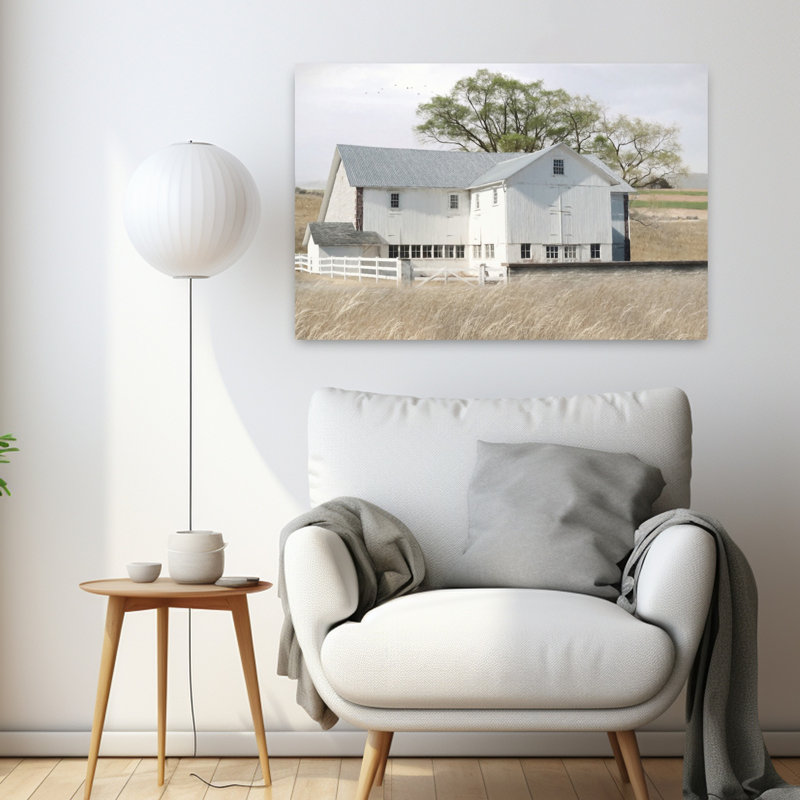 Paysage d'été contemporain blanc avec grange blanche, H 24 po x l 36 po