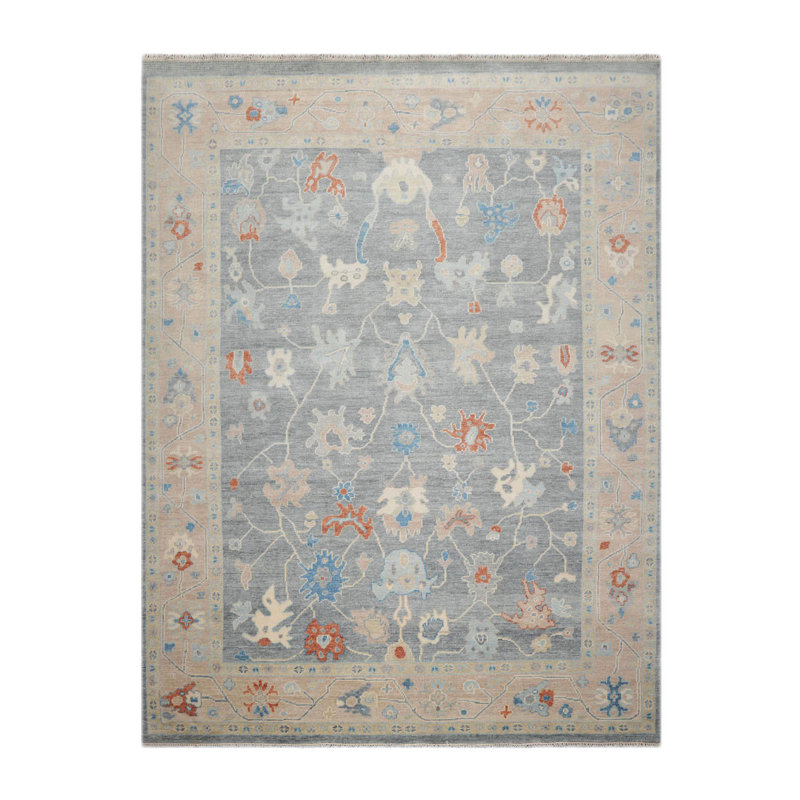 Handmade Ivory and Gray Wool Oriental 9' x 12' Rug