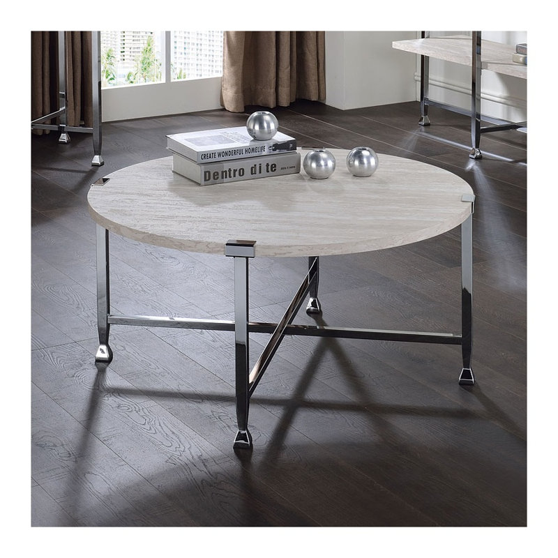 Table basse ronde contemporaine avec plateau en chêne blanc et base chromée