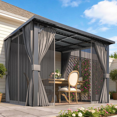 Heavy Duty Lean to Metal Outdoor Hardtop Gazebo Pergola with Curtains and Netting