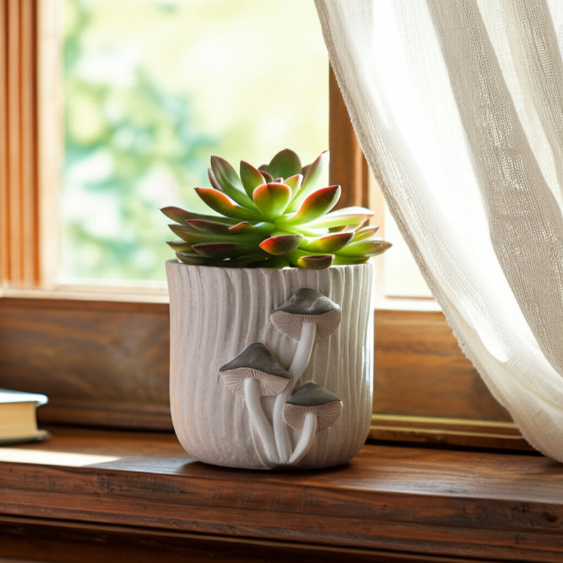Jardinière en ciment fabriquée à la main avec un tronc d'arbre texturé et des accents de champignons - Pot décoratif pour les espaces intérieurs et extérieurs.