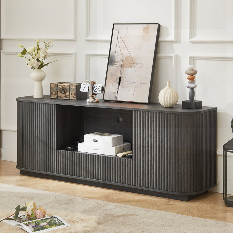 Wavy Design Storage Cabinet with 2 Door,1 Drawer, Black