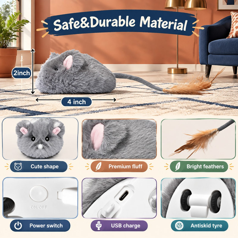En gris, ce jouet pour chat à déplacement de souris automatique ajoute une queue à poils pour les jeux de chasse en salle et les activités anti-ennui.