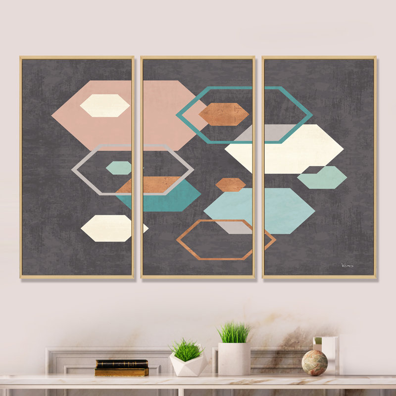 «Geometric Hexagons Pattern IV», ensemble d'art mural encadré moderne sur toile Mid-Century, H 32 po x l 48 po x P 1 po