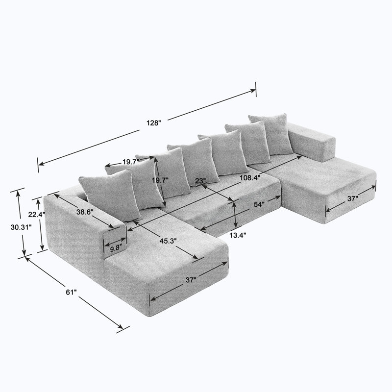 Canapé modulaire en chenille, H 31,5 po x l 128 po x P 61,02 po, Chenille bleu