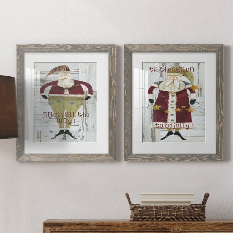 Jingle Santa - ensemble de 2 reproductions, H 20 po x l 17 po x P 1 po, Cadre en papier gris, Blanc