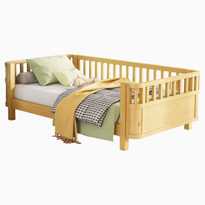 Twin Size Wood Platform Bed for Kids, Wood Low Profile Twin Bed with Rails for Girls and Boys