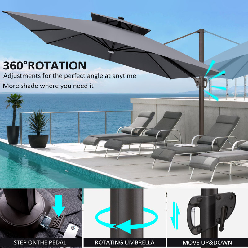 129'' X 129'' Square Outdoor Solar Led Cantilever Patio Umbrella without Weighted Base, Dark Grey