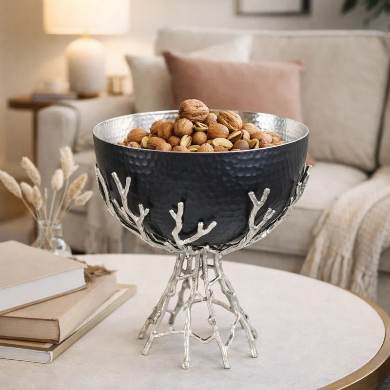 Bol décoratif martelé Elsie, base en nickel, aluminium noir 14 po