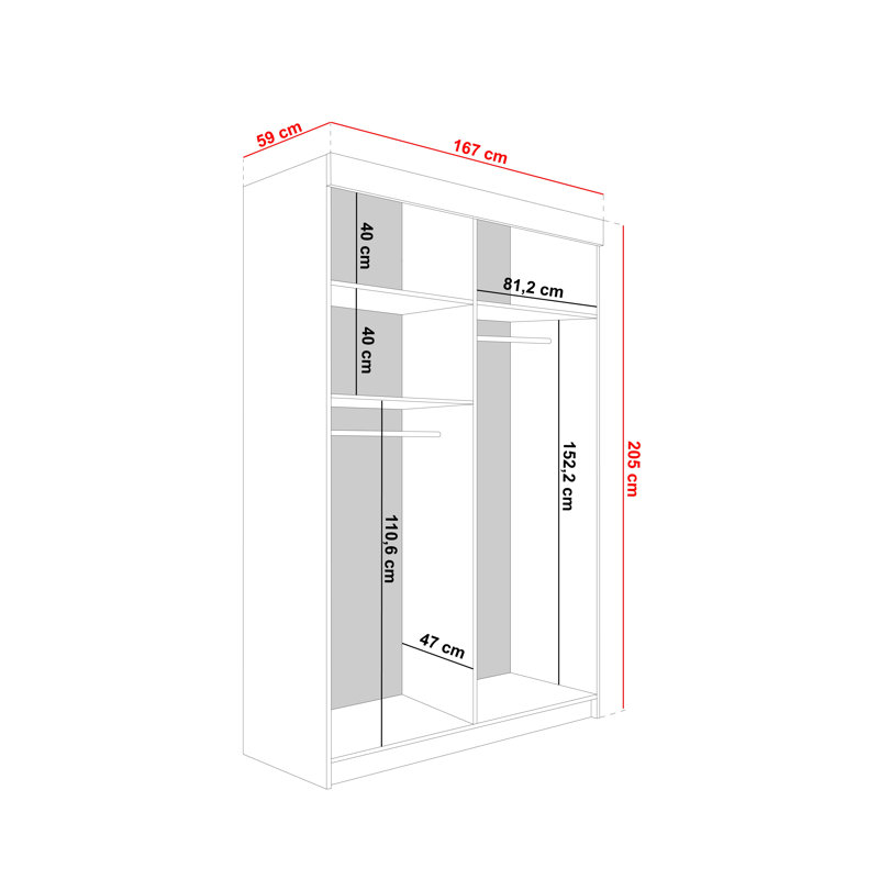 Cecillia 2 Door Wardrobe, Dark Brown, 205cm H x 170cm W x 60cm D