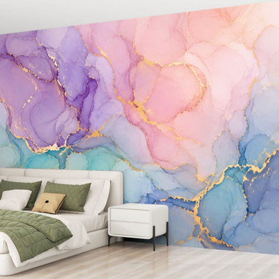 Wall Mural Peel and Stick Wallpaper Pastel Blue Teal Pink Fluid Marble Abstract Art Gold Veins Elegant Self-Adhesive Removable Contact Paper Wall Decor for Living Room Bedroom 69"H x 96"W