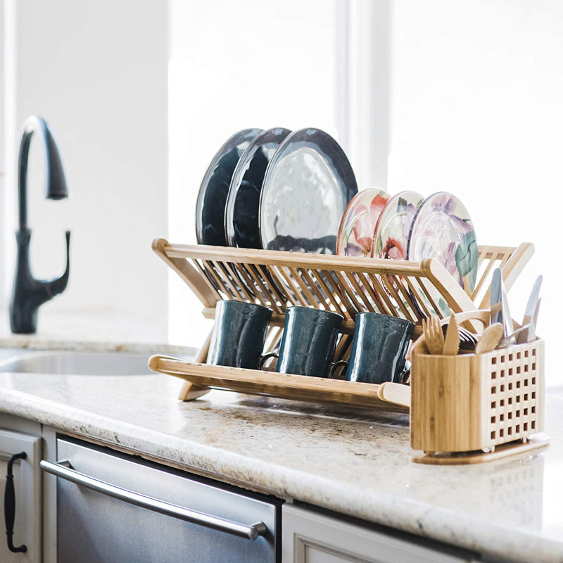 Eco-Friendly Bamboo Dish Rack with Utensil Cup