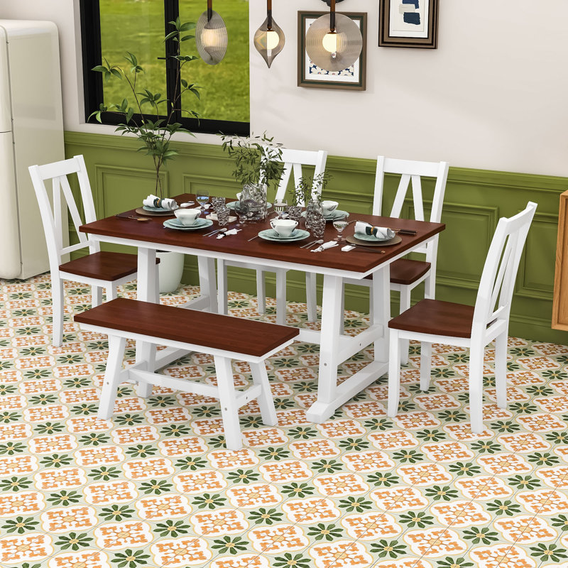 Ensemble de salle à manger 6 pièces avec table rectangulaire, 4 chaises en bois et banc assorti, Espresso, Blanc, Espresso
