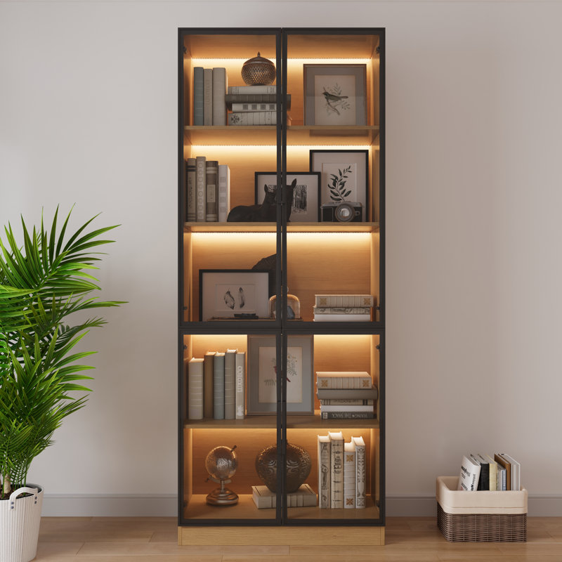 L 31,5 po - Bibliothèque avec portes vitrées et lumières DEL, H 78,7 po x l 31,5 po x P 16 po, Chêne