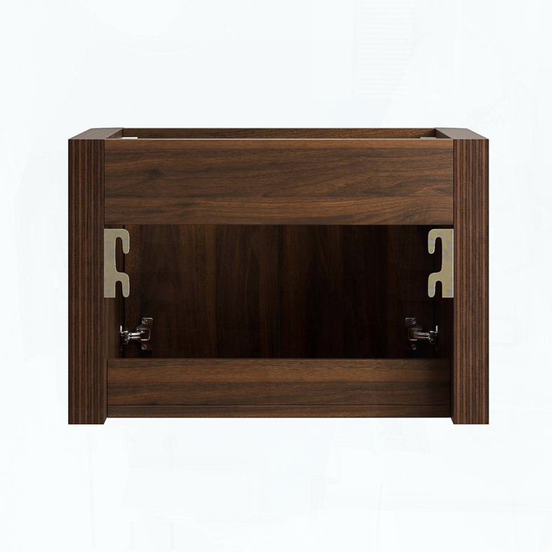 Meuble-lavabo suspendu avec lavabo intégré en surface solide blanche lustrée et armoire en bois de noyer
