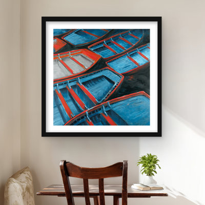 Small Blue and Red Canoes - Coastal Marine Framed Print