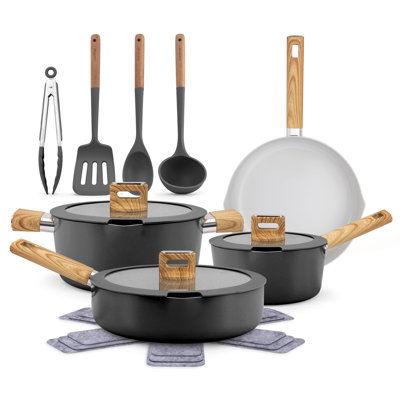 Nutrichef 14-Piece Non-Stick Ceramic Cookware Set - Induction Safe Pots And Pans With Glass Lids, Cool-Touch Handles, Even Heat Distribution, Dishwasher Safe, Includes Ladle, Tongs, Spatula