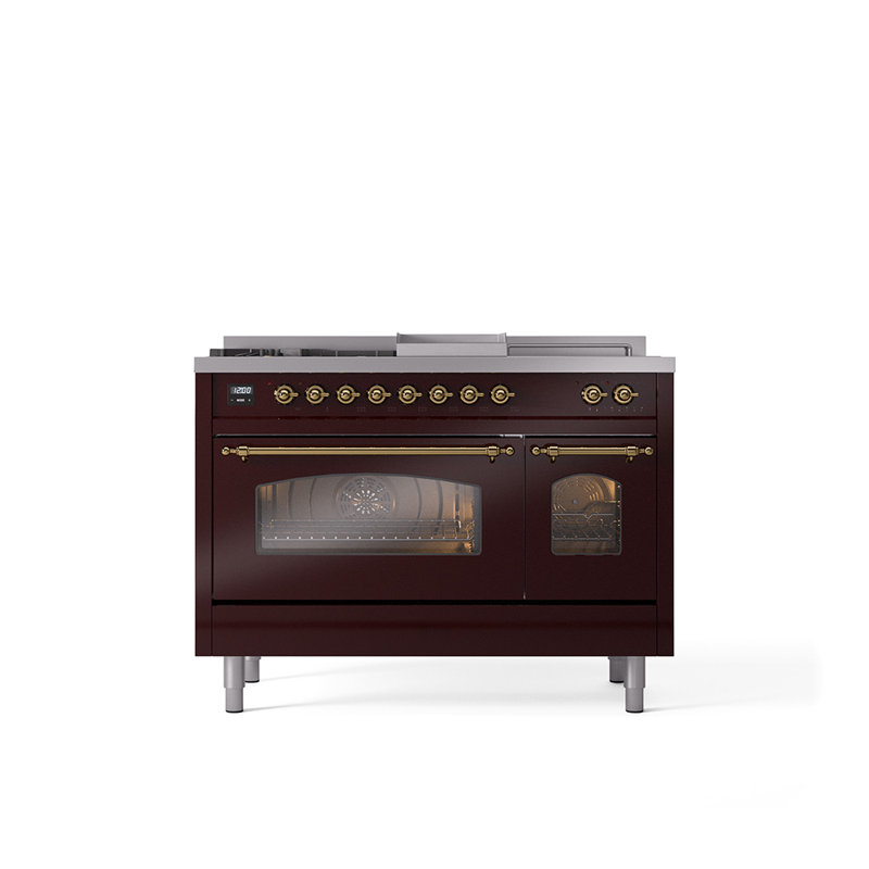 ILVE Nostalgie II 48 Dual Fuel Range, Liquid Propane, Burgundy/Brass