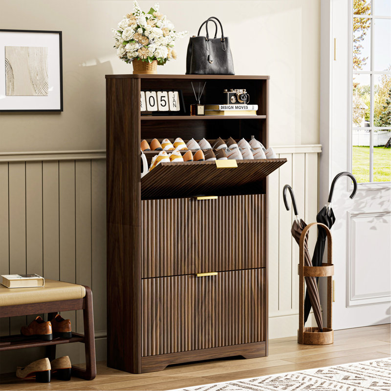 Shoe Cabinet Storage For Entryway Hidden Shoes Storage Cabinet With 3 Flip Drawers, Tall Free Standing Shoe Organizer Rack For Foyer, Hallway. Walnut ,31.6'' L X 9.6'' W X 54.4'' H.