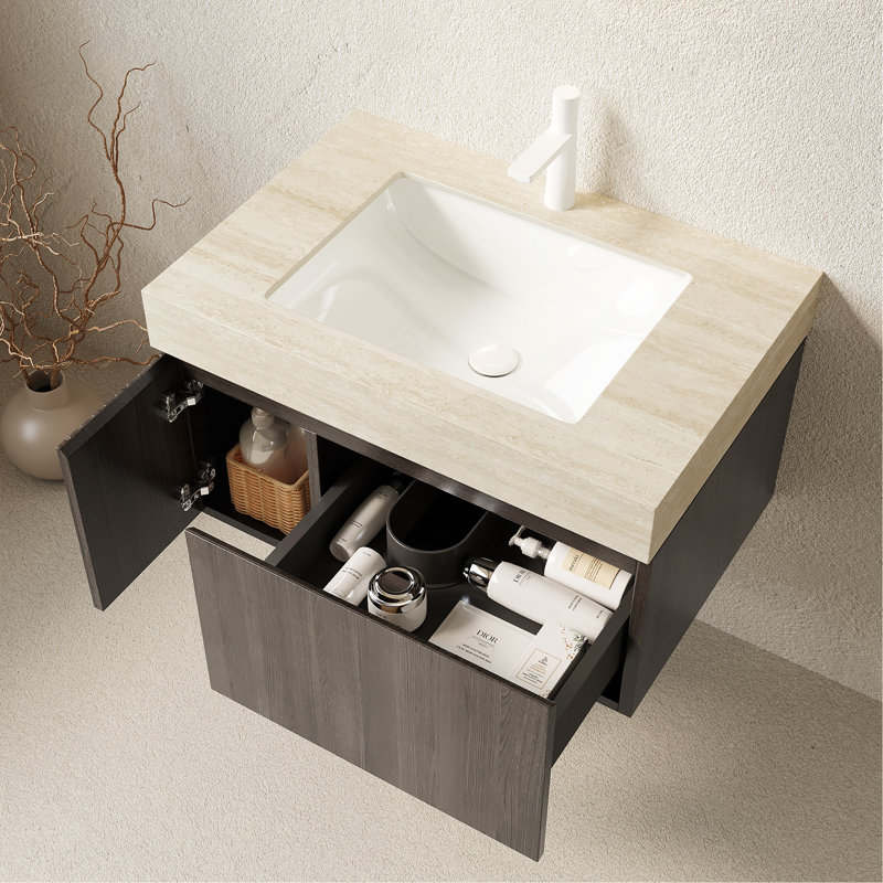 Meuble-lavabo 30 po, armoire de rangement en contreplaqué flottant avec tiroir et porte avec 1 trou de robinet pré-percé, espresso pré-assemblé