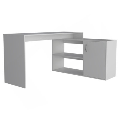 Bureau en L, armoire à une porte, deux tablettes ouvertes, deux tablettes intérieures, blanc