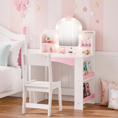 Kids Vanity With Lights, Princess Makeup Vanity Desk With Open Bookshelf