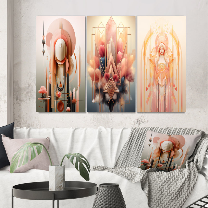 «Retro Boho Chic Minimal Geometric Retro Rose», 3 pièces sur toile, Toile tendue, H 28 po x l 36 po