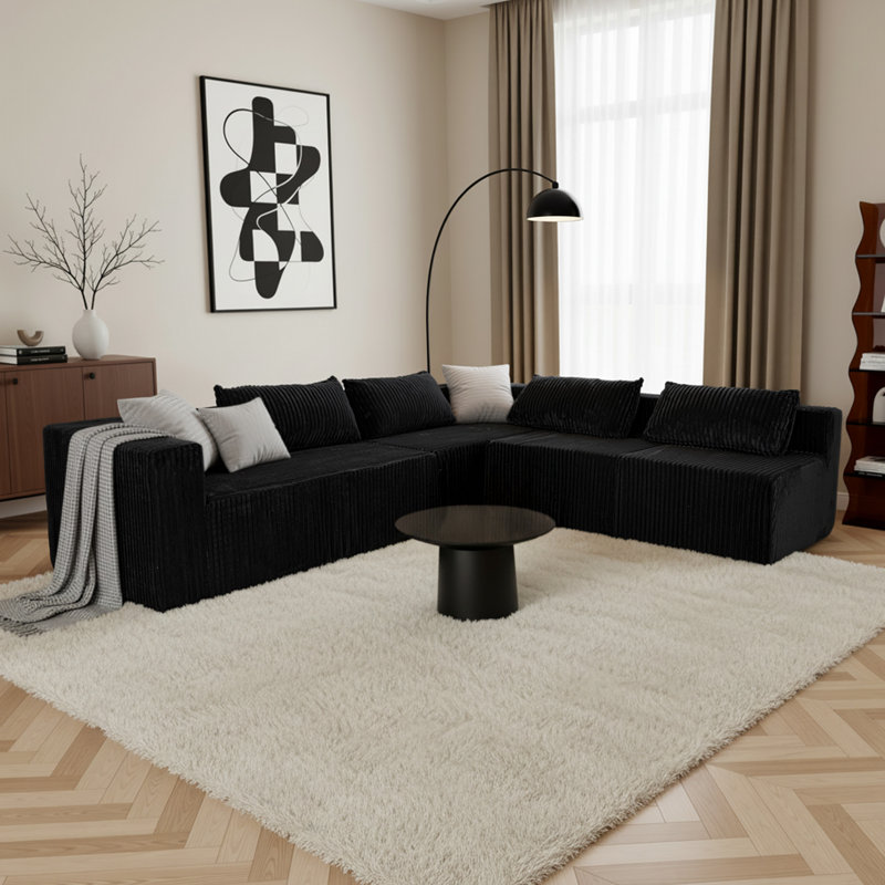 128in Sectional U-Shaped Modular Sofa Includes dog stairs, Black
