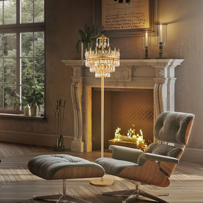 3-Light Crystal Floor Lamp - Adjustable Modern Farmhouse Standing Lamp With Gold Accents For Living Room, Bedroom, Office, Or Corner Decor