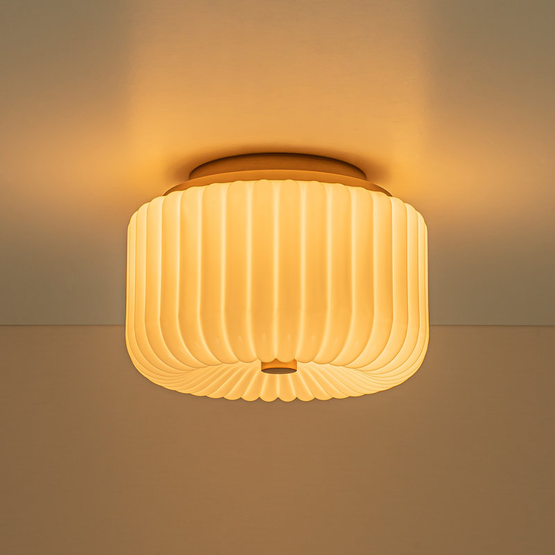 2 - Light Modern Ribbed Stripe Opal Drum Glass Semi Flush Mount