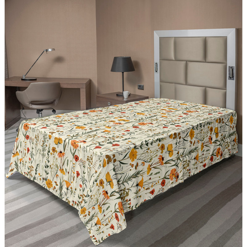 Drap plat moderne de style bohème Ambesonne, Drap plat pour lit simple TG, Moutarde / orange / motif floral vert sauge