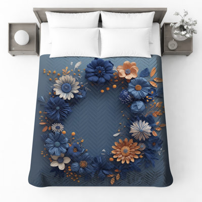 Blue Orange Floral Wreath Quilted Bedspread All Sizes