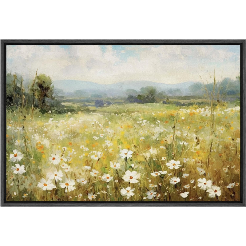 «Vibrant Wildflower White Daisy Flowers Meadow», impression sur toile, Reproduction avec cadre flottant, H 24 po x l 36 po